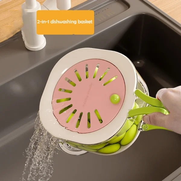 Dust-Proof Fruit Drainer Basket -Hidden Folding Handle Drain Switch Expandable 2-In-1 Thickened Dewatering Dishwashing Basket 3