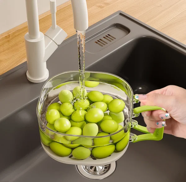 Dust-Proof Fruit Drainer Basket -Hidden Folding Handle Drain Switch Expandable 2-In-1 Thickened Dewatering Dishwashing Basket 5