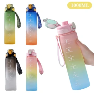 1000ML Gradient Color Sports Water Bottle with Time Marker and Hand Strap Leak-proof Cup  Portable Water bottle for Gym, Outdoor 1