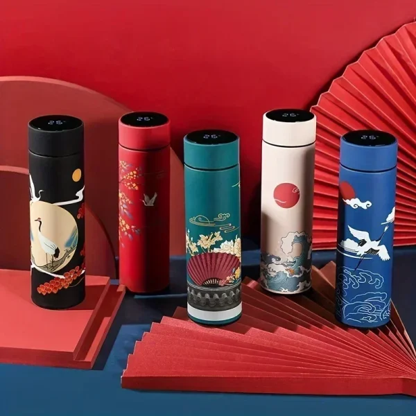 Retro Smart Temperature Display Insulated Cup,  Chinese Style Thermal Water Bottle, Stainless Steel Water Cup 2