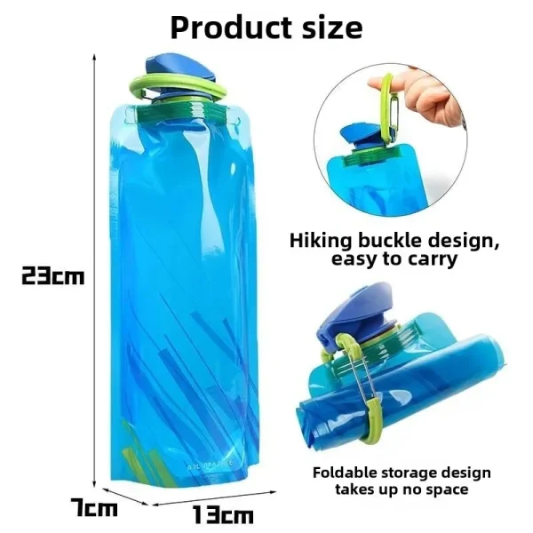 700ml Foldable Water Bottles Flexible Reusable Travel&Camping Water Bottle Water Pouch Soft Flask Water Bag With Carabiner Clip 5