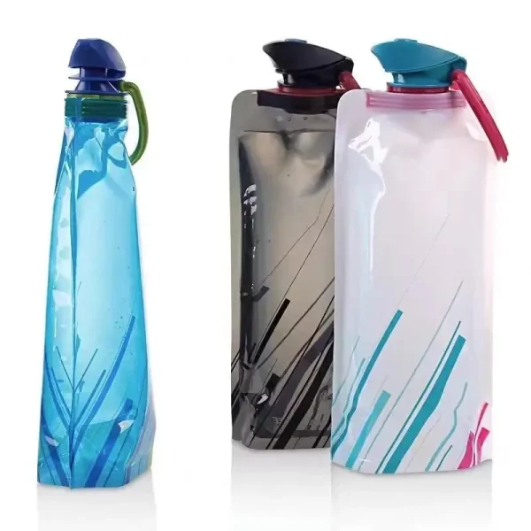 700ml Foldable Water Bottles Flexible Reusable Travel&Camping Water Bottle Water Pouch Soft Flask Water Bag With Carabiner Clip 6