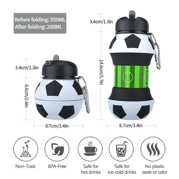 Kids Fold Outdoor Sports Water Cups Basketball/Football Bottle,Student Leakproof Portable Kids Water Bottle,Can Hang Backpack 3