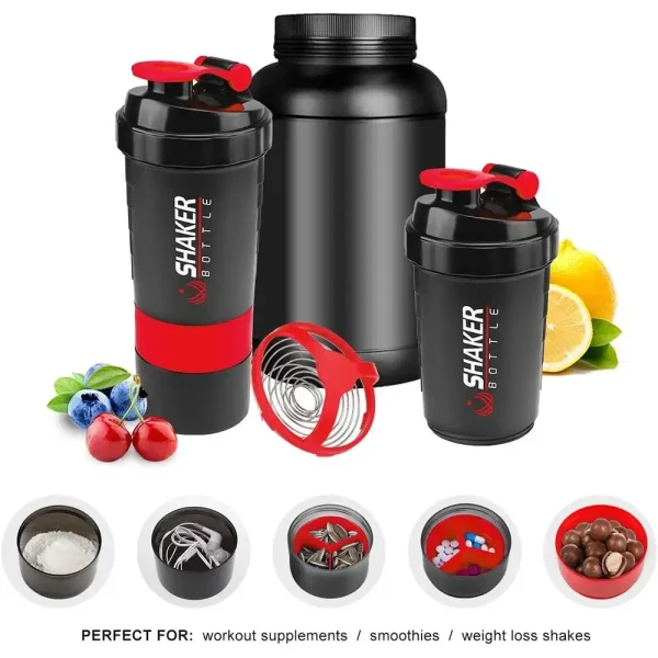 500ml Layered Protein Bottle Powder Shaker with Powder Storage Container Large Water Bottle Water Bottle with Wire Stirring Ball 3