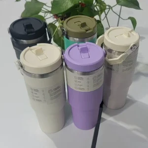 1pc Vacuum Tumbler with Lid Stainless Steel Portable Water Bottle with Dazzling Handle Insulated Tumbler Tote Handle 30OZ 1