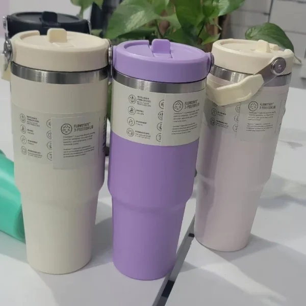 1pc Vacuum Tumbler with Lid Stainless Steel Portable Water Bottle with Dazzling Handle Insulated Tumbler Tote Handle 30OZ 4