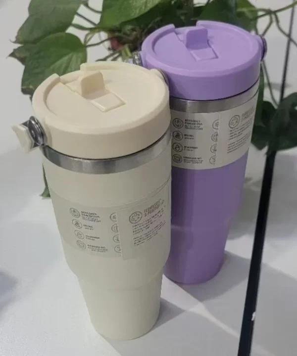 1pc Vacuum Tumbler with Lid Stainless Steel Portable Water Bottle with Dazzling Handle Insulated Tumbler Tote Handle 30OZ 5