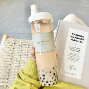 850ML Cute Pearl Milk Tea Straw Plastic Water Bottle with Cup Cover Women Large Capacity Juice Boba Milk Cup Drop-proof 1