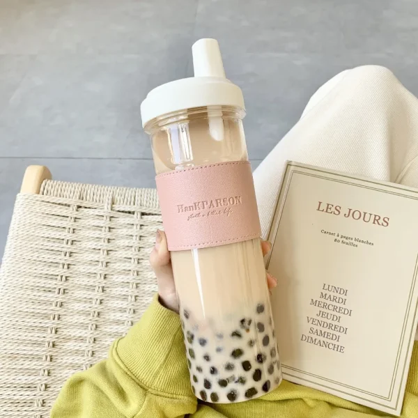 850ML Cute Pearl Milk Tea Straw Plastic Water Bottle with Cup Cover Women Large Capacity Juice Boba Milk Cup Drop-proof 2