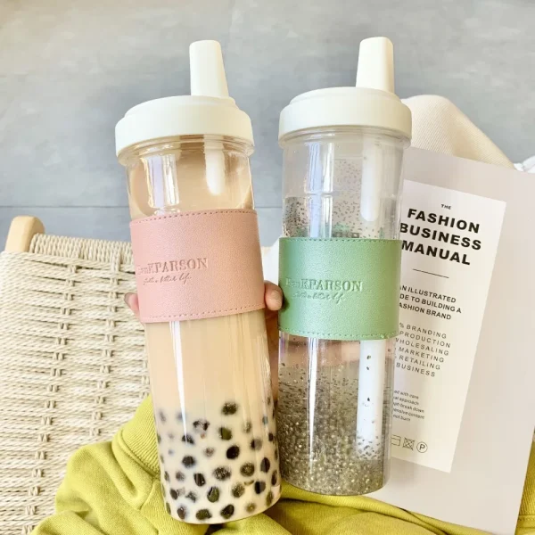 850ML Cute Pearl Milk Tea Straw Plastic Water Bottle with Cup Cover Women Large Capacity Juice Boba Milk Cup Drop-proof 4