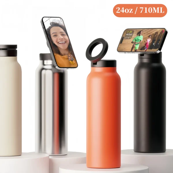 24 Oz Insulated Stainless Steel Sports Water Bottle With Straw Outdoor Insulated Water Mug With Magnetic Phone Holder Thermos 1