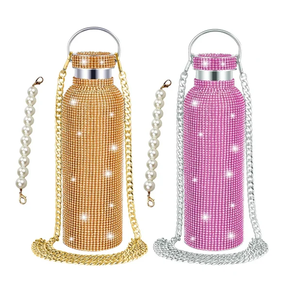 500/600/750/1000ml Diamond Thermos Bottle With 2pcs Chain Portable Rhinestone Water Bottle Stainless Steel Thermal Vacuum Flask 1
