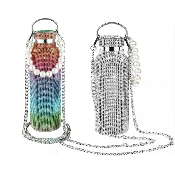 500/600/750/1000ml Diamond Thermos Bottle With 2pcs Chain Portable Rhinestone Water Bottle Stainless Steel Thermal Vacuum Flask 2
