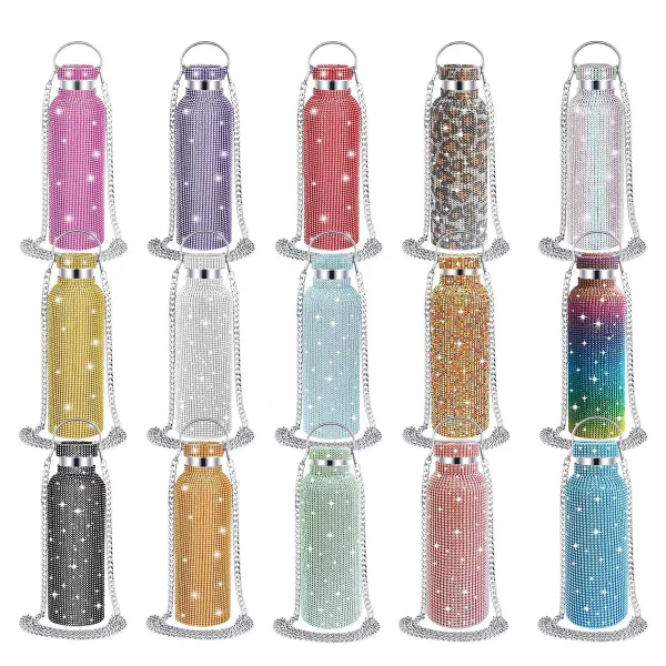 500/600/750/1000ml Diamond Thermos Bottle With 2pcs Chain Portable Rhinestone Water Bottle Stainless Steel Thermal Vacuum Flask 6