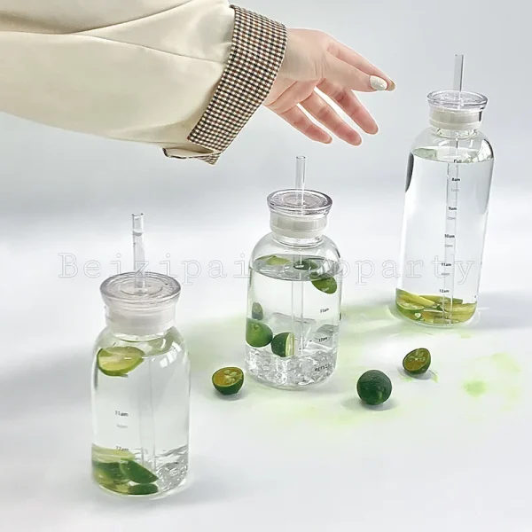 450/750ml Large Glass Water Bottle with Straw 2 Lids Clear Kawaii Drinking Bottle Leakproof Cup for Woman Girl 2
