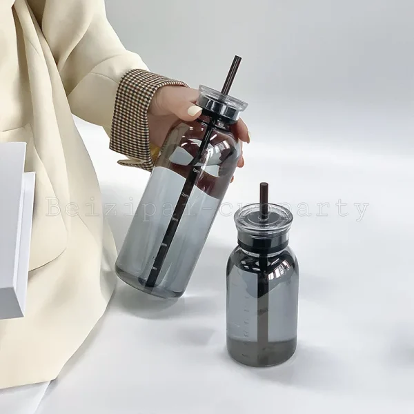 450/750ml Large Glass Water Bottle with Straw 2 Lids Clear Kawaii Drinking Bottle Leakproof Cup for Woman Girl 3