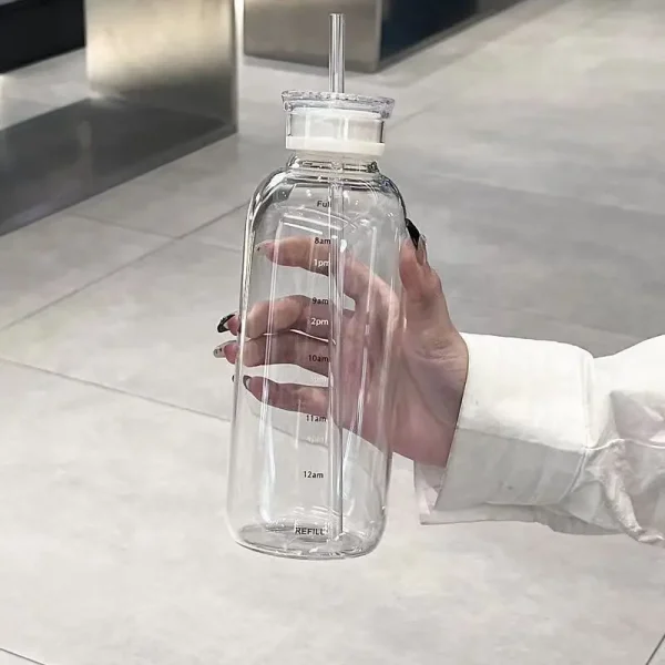 450/750ml Large Glass Water Bottle with Straw 2 Lids Clear Kawaii Drinking Bottle Leakproof Cup for Woman Girl 5