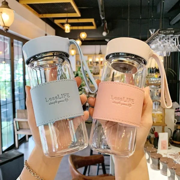 480ml Fashion Glass Wtaer Bottle With Tea Infuser Insulation Sleeve Strap High Temperature Drink Mug Juice Coffee Cup Leak-proof 2
