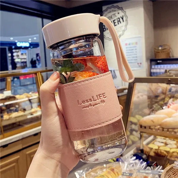 480ml Fashion Glass Wtaer Bottle With Tea Infuser Insulation Sleeve Strap High Temperature Drink Mug Juice Coffee Cup Leak-proof 3