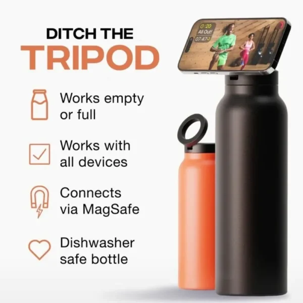 Warm Water Bottle – MagSafe Compatible Water Bottle with Phone Holder – Stainless Steel Water Bottle with Magnetic Phone Tripod 2