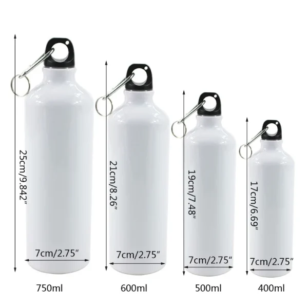 400/500/600/750ml White Blank Sublimation Water Bottle with Screw Carabiner Hook Aluminum Outdoor Sports Leakproof for 6