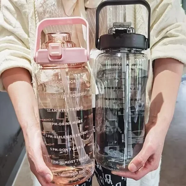 2000ml Sports Drinking Bottles with Time Marker Men Women Water Bottle with Straw Large Capacity Outdoor Cup Fitness Drinkware 2