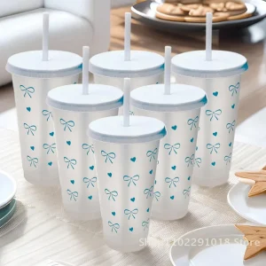 Kawaii Water Bottle Aesthetic Tumbler For Ice Coffee Juice Tea Cute Bowknot Plastic Cups With Straw Lid Portable Drinking Bottle 1