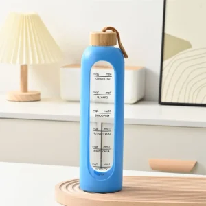 32oz 1L Time-marked Glass Water Bottles Bamboo Lid Free of Lead Motivational Sport Silicone Sleeve Portable Drink Bottle Gift 1