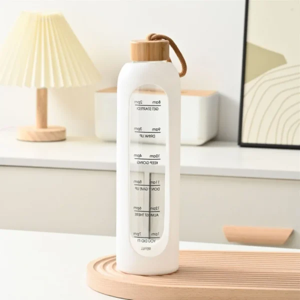 32oz 1L Time-marked Glass Water Bottles Bamboo Lid Free of Lead Motivational Sport Silicone Sleeve Portable Drink Bottle Gift 2
