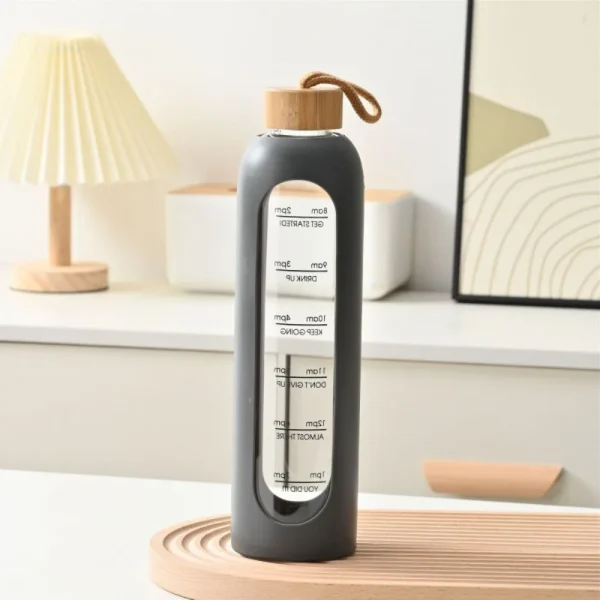 32oz 1L Time-marked Glass Water Bottles Bamboo Lid Free of Lead Motivational Sport Silicone Sleeve Portable Drink Bottle Gift 4