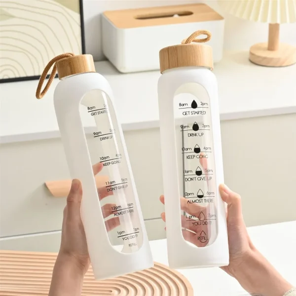 32oz 1L Time-marked Glass Water Bottles Bamboo Lid Free of Lead Motivational Sport Silicone Sleeve Portable Drink Bottle Gift 5