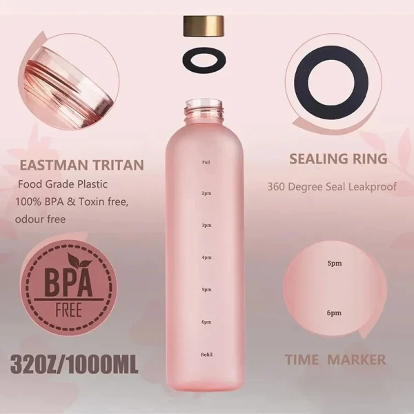 32 Oz Tritan Water Bottle , BPA-free Water Bottle with Time Marker, 1L Time Marked Cute Water Bottle for Fitness Outdoor Sports 4