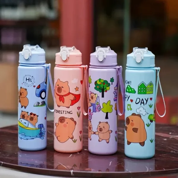 1/2/4PCS 750ml Capybara Straw Mug Cute Kids Water Bottle with Adjustable Strap Portable Cartoon Design School Student Drinkware 3
