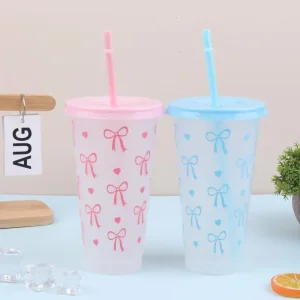 1PC 700ml With Lids Sippy Summer Sippy Cup Pink Bow Large Capacity Water Bottle Juice Milk Cup Cold Mug 1