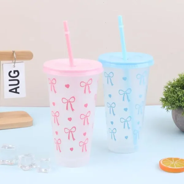 1PC 700ml With Lids Sippy Summer Sippy Cup Pink Bow Large Capacity Water Bottle Juice Milk Cup Cold Mug 2