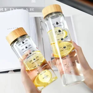 1000ml Bamboo Wood Lid Time Marker Borosilicate Glass Bottle Tea Fruit Infuser Water Bottle with Stainless Steel Filter Gift Cup 1