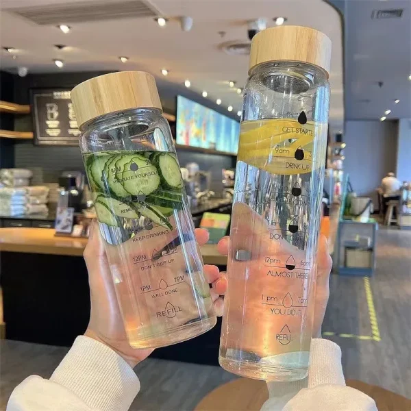 1000ml Bamboo Wood Lid Time Marker Borosilicate Glass Bottle Tea Fruit Infuser Water Bottle with Stainless Steel Filter Gift Cup 2