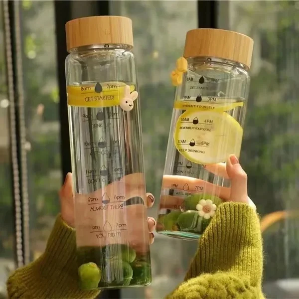 1000ml Bamboo Wood Lid Time Marker Borosilicate Glass Bottle Tea Fruit Infuser Water Bottle with Stainless Steel Filter Gift Cup 3