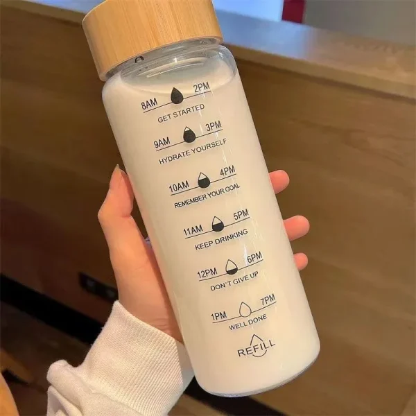 1000ml Bamboo Wood Lid Time Marker Borosilicate Glass Bottle Tea Fruit Infuser Water Bottle with Stainless Steel Filter Gift Cup 4