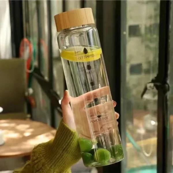 1000ml Bamboo Wood Lid Time Marker Borosilicate Glass Bottle Tea Fruit Infuser Water Bottle with Stainless Steel Filter Gift Cup 5