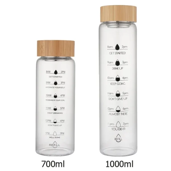 1000ml Bamboo Wood Lid Time Marker Borosilicate Glass Bottle Tea Fruit Infuser Water Bottle with Stainless Steel Filter Gift Cup 6
