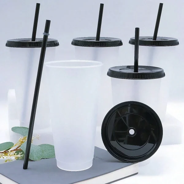 5pcs 24oz Transparent Reusable Tumblers With Black Lids and Straws Iced Coffee Water Bottle Cold Smoothie Cups For Parties Drink 1