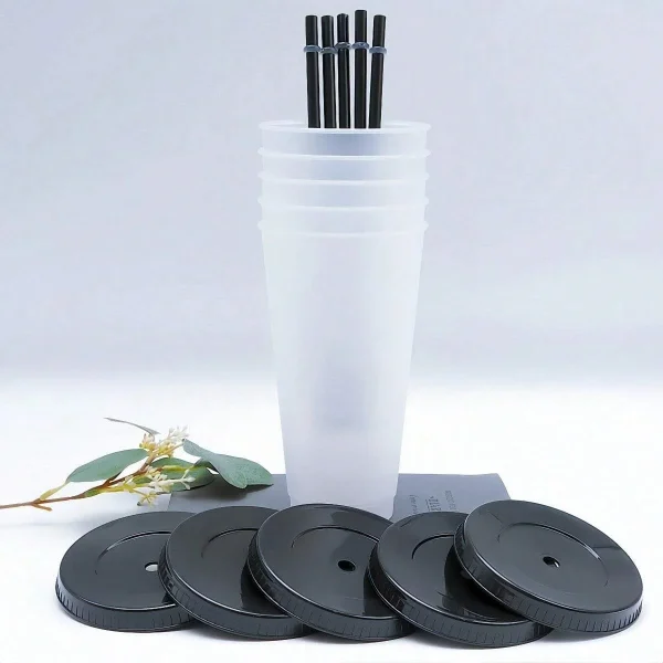 5pcs 24oz Transparent Reusable Tumblers With Black Lids and Straws Iced Coffee Water Bottle Cold Smoothie Cups For Parties Drink 4