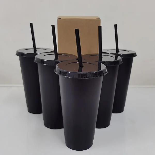 5pcs 24oz Transparent Reusable Tumblers With Black Lids and Straws Iced Coffee Water Bottle Cold Smoothie Cups For Parties Drink 5