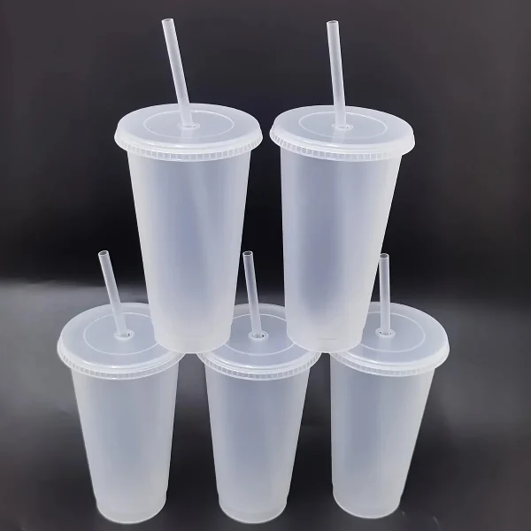5pcs 24oz Transparent Reusable Tumblers With Black Lids and Straws Iced Coffee Water Bottle Cold Smoothie Cups For Parties Drink 6