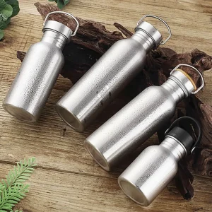 Stainless Steel Bicycle Water Bottle Sports Fitness Single Walled Leak-Proof Bamboo Lid Vacuum Insulated Metal Flask Portable 1