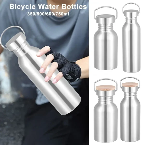 Stainless Steel Bicycle Water Bottle Sports Fitness Single Walled Leak-Proof Bamboo Lid Vacuum Insulated Metal Flask Portable 2