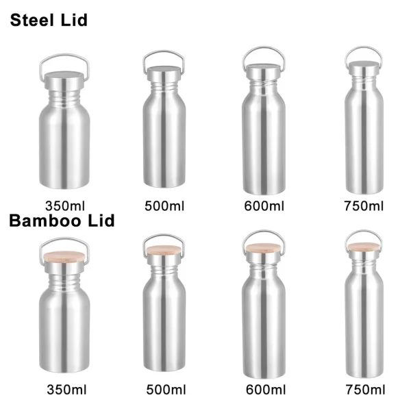 Stainless Steel Bicycle Water Bottle Sports Fitness Single Walled Leak-Proof Bamboo Lid Vacuum Insulated Metal Flask Portable 6