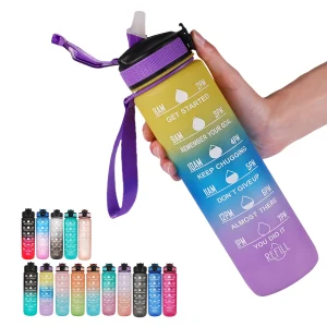 1L Water bottle 12 colors Leak Proof with Time Mark Drink and Straw Motivational Drinking Sports Water Bottle for Outdoor Hiking 1
