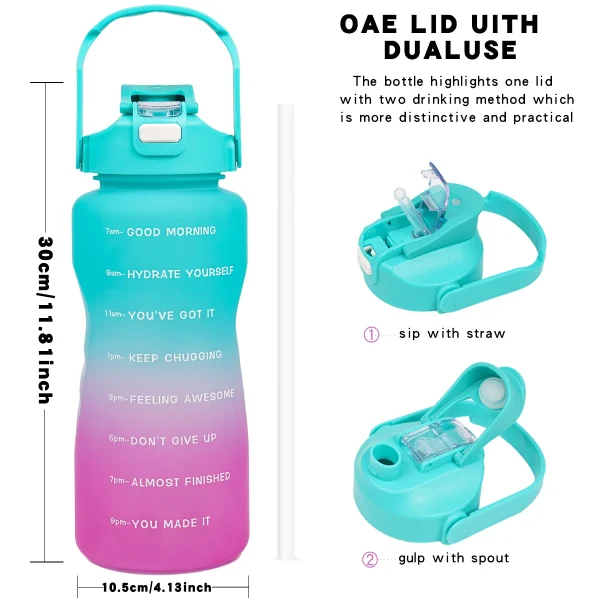 2L Sports Water Bottle with Straw Large Capacity Plastic Cup for Running and Fitness Leakproof 2